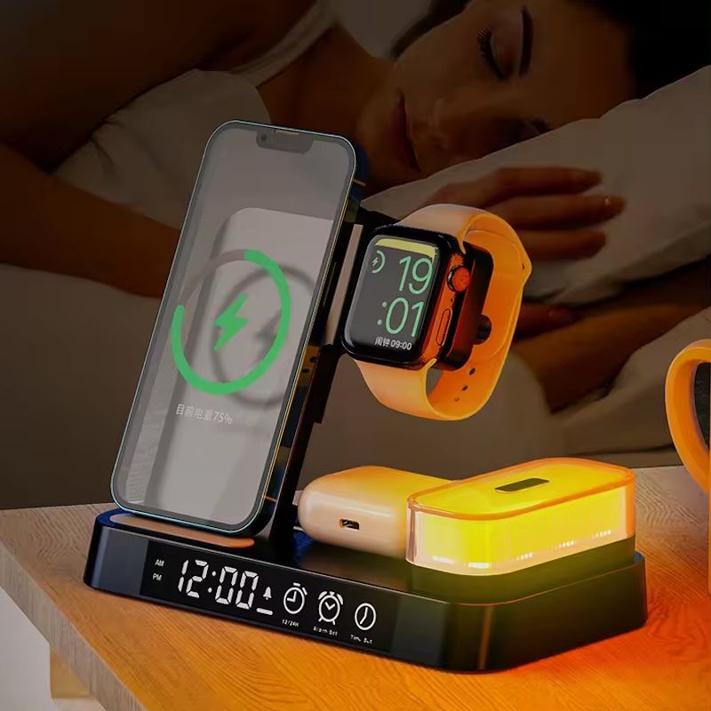 Часы электронные настольные 4в1 с беспроводной зарядкой и светильником