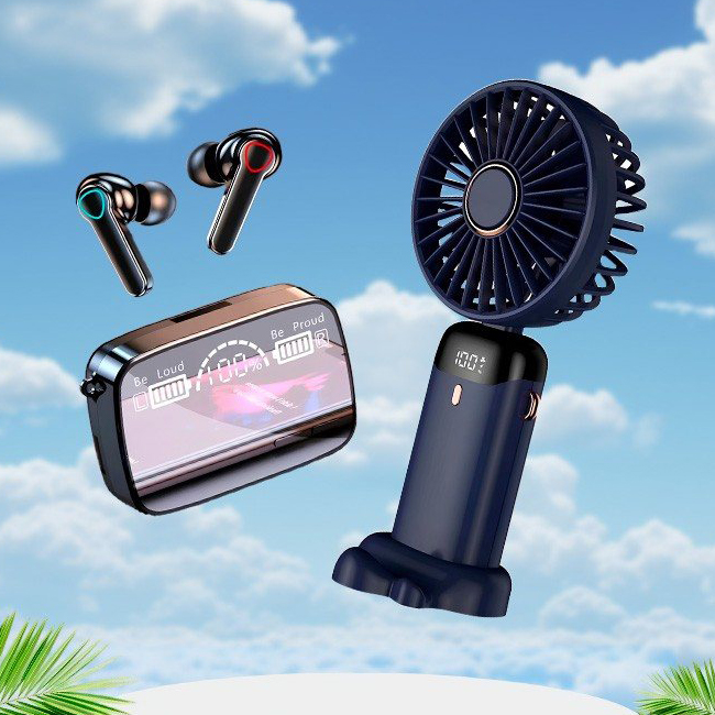 Беспроводные наушники M19 + Портативный мини вентилятор FAN с экраном