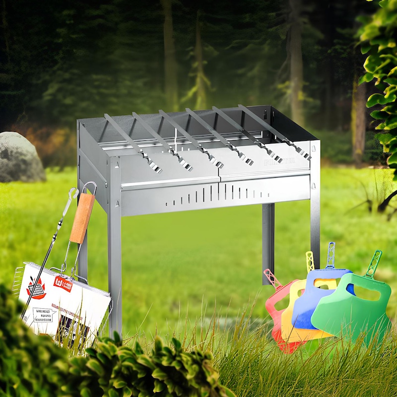 Мангал разборной + Набор шампуров 6 шт + Решетка для гриля + Веер для раздувания огня