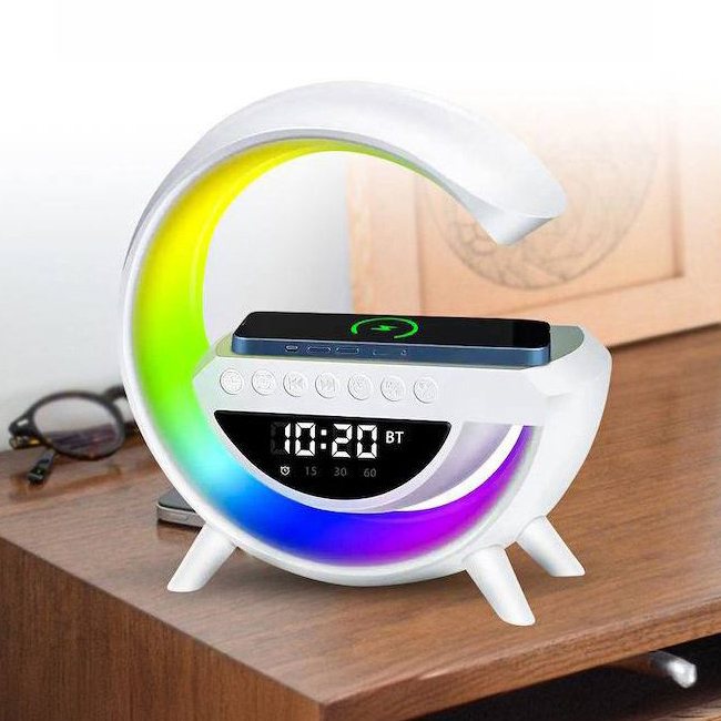 Велика настільна лампа нічник 4 в 1 з Bluetooth колонкою, будильником та бездротовою зарядкою