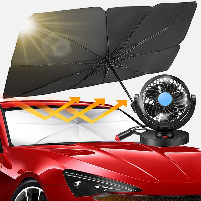 Автомобильный вентилятор F15 на 360 градусов 12V + Зонтик-шторка на лобовое стекло автомобиля